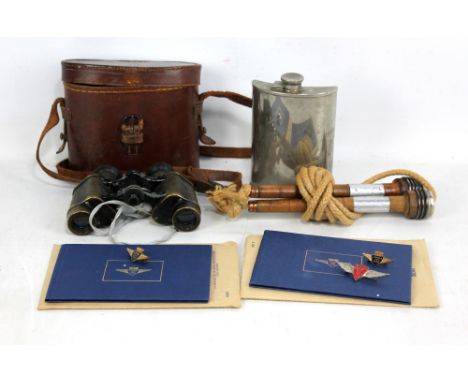 A small lot of collectors' items comprising a vintage skipping rope, a plated hip flask, a pair of Carl Zeiss 'Telex' binocul