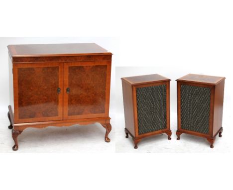 A burr walnut veneered stereo cabinet with contents comprising Sansui record player, Marantz stereophonic receiver, Akai ster