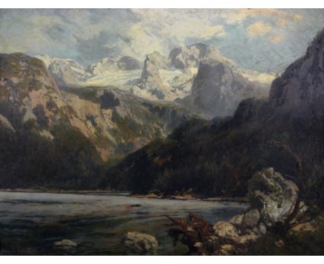KONRAD PETRIDES (Austrian, 1864-1943); oil on card, mountainous landscape with lake to foreground, signed lower left, 47 x 61