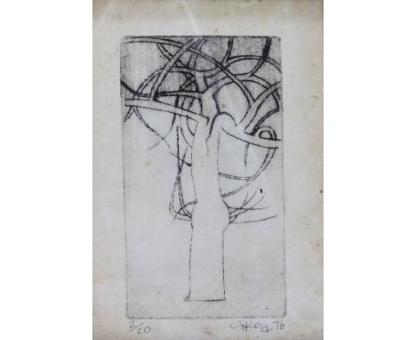 GEOFFREY KEY (born 1941); a black and white lithograph, abstract tree study, signed and dated 76, 2/20, 14.25 x 7.6cm, framed