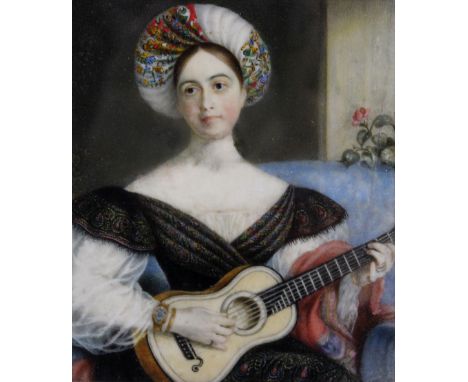 19TH CENTURY ENGLISH SCHOOL; portrait study of a young woman wearing turban and playing guitar, presumably on ivory, unsigned