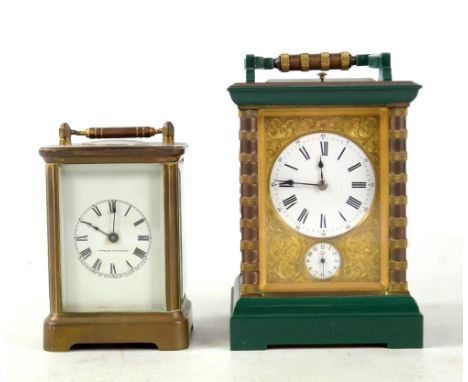 A circa 1900 brass repeater carriage clock, the rectangular foliate scroll engraved face with circular enamel dial set with R