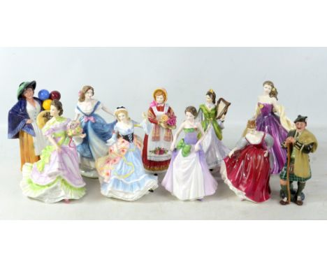 Ten Royal Doulton figures comprising HN3627 'England', HN2832 'Fair Lady' (red) (second quality), HN3850 'Jessica' (second qu