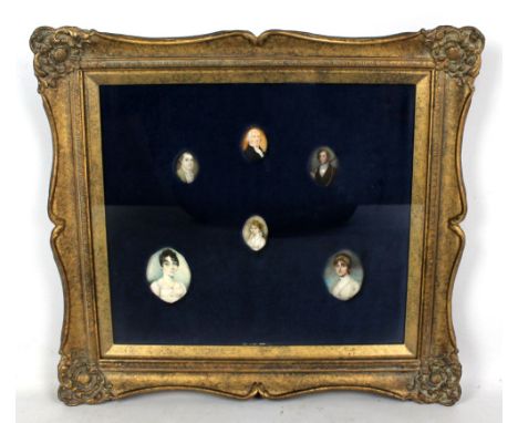 A group of six 19th century oval portrait miniatures, contained within a glazed frame, presumably on ivory but sealed so unab