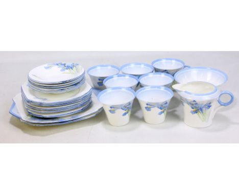 SHELLEY; a 'Blue Iris' pattern part tea set comprising seven teacups, seven saucers, eight side plates, two sandwich plates, 