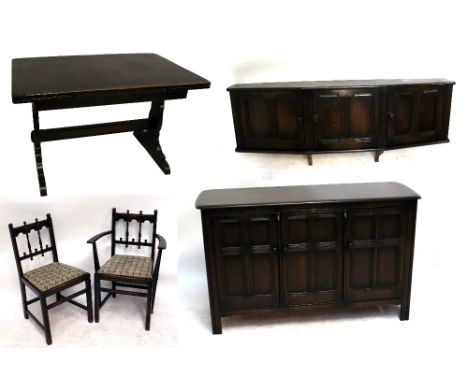 ERCOL; a dark oak dining suite comprising draw leaf table, set of six chairs (4+2) and sideboard with wall mounted shelves (9