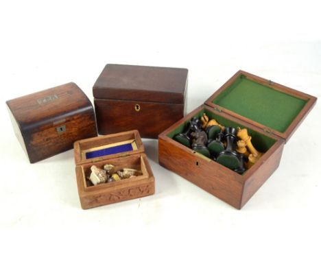 A Jaques Staunton chess set, height of king 9cm, one black pawn associated (some pieces af), contained in a mahogany baize li