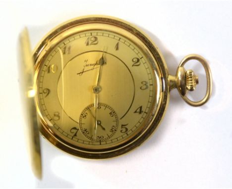 JUNGHANS; an Art Deco-style electroplated full hunter crown wind pocket watch, the circular dial set with applied Arabic nume