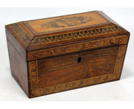 A Tunbridge ware two division tea caddy of rectangular form, width 20.5cm.Additional InformationSome wear and tear throughout