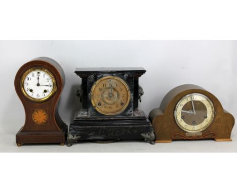 Three mantel clocks for restoration including Edwardian mahogany cased example with inlaid detail, varied condition (3).&nbsp