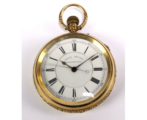 A late 19th century 18ct yellow gold crown wind open faced chronograph pocket watch, the white enamel set with Roman numerals