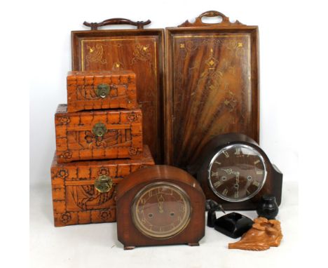 A small mixed lot including a set of three graduated Chinese carved camphor wood rectangular boxes, two brass inlaid twin han