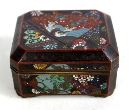 An early 20th century Japanese cloisonné enamel rectangular trinket box with canted corners, decoration depicting birds in fl