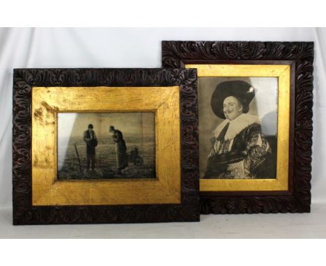 Two rectangular Macclesfield School of Carving wooden picture frames, each with black and white print, one landscape and one 