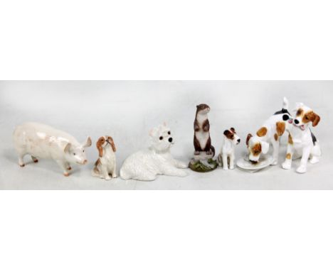 Three Royal Doulton models of dogs and an otter, two Beswick dogs and 'CH Wall Queen' pig (7).&nbsp;Additional InformationPig