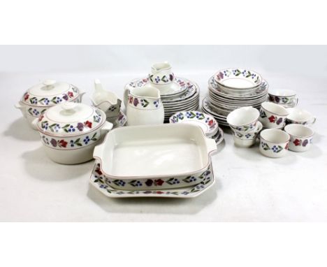 ADAMS; an 'Old Colonial' pattern decorated dinner and tea ware including two lidded tureens, cups and saucers and shallow sou