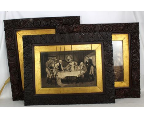 Three rectangular Macclesfield School of Carving wooden picture frames, all presented with black and white prints, two portra