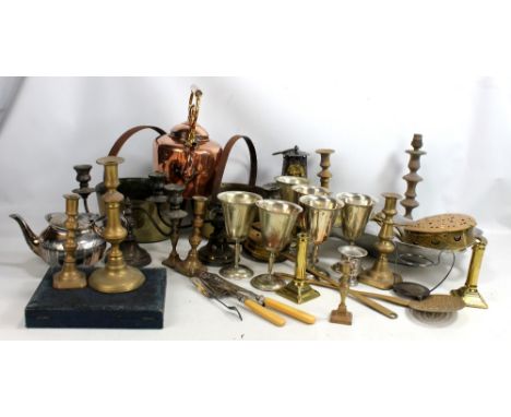 A mixed group of metalware including Eccles Miner's Protector Lamp, mixed brassware including candlesticks, copper and brass 