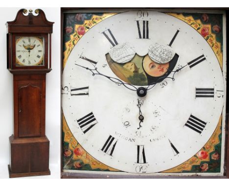 A 19th century mahogany cased eight day longcase clock with broken swan neck pediment above circular dial painted with Roman 