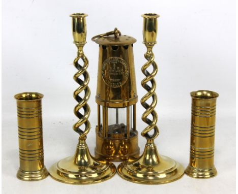 An Eccles Protector Lamp &amp; Lighting Co Ltd miner's safety lamp, a pair of brass barleytwist candlesticks and two brass tr