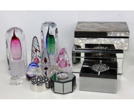 A collection of glass including Caithness and Langham paperweights, also five modern mirrored glass trinket boxes (13).