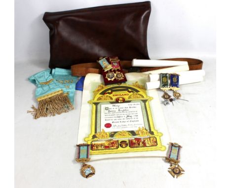 A small group of Royal Antediluvian Order of Buffaloes regalia including four gilt metal jewels, sash, various certificates, 