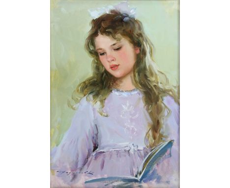 KONSTANTIN RAZUMOV (Russian, born 1974); oil on canvas, portrait of a young blonde haired girl in lilac dress, signed lower l