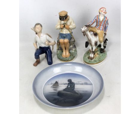 ROYAL COPENHAGEN; three&nbsp;porcelain figures comprising boy on goat no. 1228, height approx 18.5cm, boy sharpening stick no