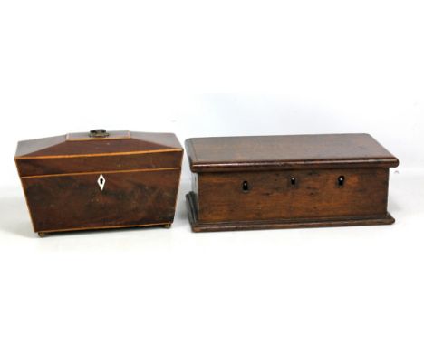 An early 19th century mahogany boxwood strung sarcophagus tea caddy (interior replaced), width 28cm, and a lidded 19th centur