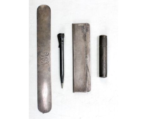 A sterling silver page turner of rounded rectangular form engraved with initials 'W.B.', a silver comb (af), a sterling silve