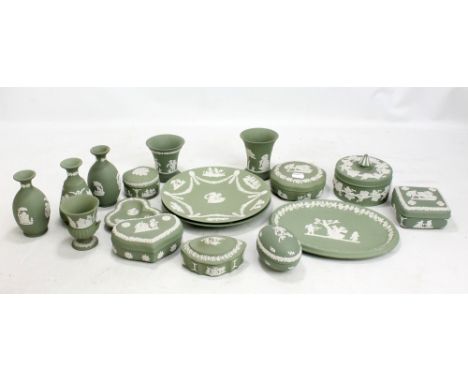 WEDGWOOD; a&nbsp;group of green jasperware including vases, trinket boxes, etc.&nbsp;