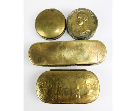 Two 18th century Dutch brass tobacco boxes, both with heavily rubbed decoration, a circular trinket box inscribed 'William Pi