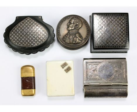 A 19th century white metal combination snuff box and vesta case inscribed 'JT Lee GP', three further snuff boxes (one af), a 