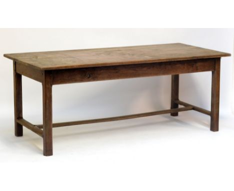 An oak refectory table with four plank top on stretchered square section legs, 199.5 x 89cm, with eight ladder back chairs (6