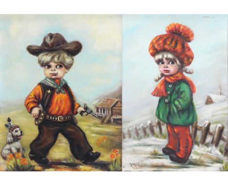 JOYCE DAVIS; two oils on board, portrait of children including boy playing cowboy, both signed, the slightly larger cowboy ex
