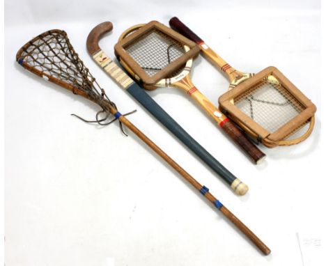 Two vintage Dunlop 'Maxply' tennis rackets, lacrosse and hockey sticks (4).