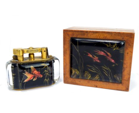 DUNHILL; a rare Aquarium lighter and matching cigarette box, the perspex lighter decorated with two fish to the reverse and s