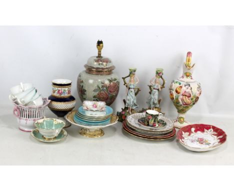 A mixed group of ceramics including Coalport floral and gilt decorated pedestal bowl no. 5198 to base, two Spode Copeland pin