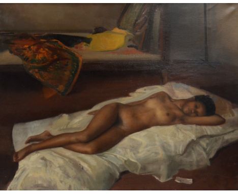 ROMANO STEFANELLI (Italian, 1931-2016); oil on canvas, 'Interno con Modella', signed and dated 1970, inscribed on label verso