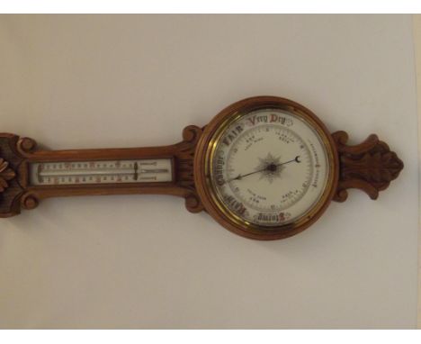 Early banjo barometer/thermometer in light oak 