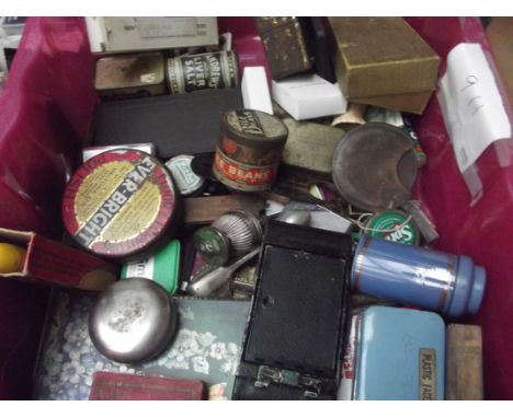 Box of vintage tins and other items 