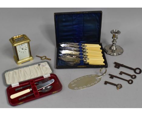 A Collection of Various Items to Comprise London Clock Co. Carriage Clock, Vintage Keys, Cased Cutlery, Candle Stick Etc 