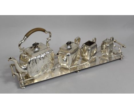 A Four Piece Silver Plated Tea Service on Long Rectangular Narrow Gallery Tray, 63cm Long 