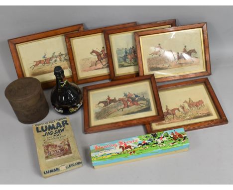 A Collection of Sporting Ephemera to Include Jigsaw, Framed Prints, Hunting Scenes Glasses, Vintage Tin and Musical Decanter 