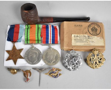 A Collection RAF Military Ephemera to Include WWII Medals, Cap Badges, Trench Art Button and Sweet Heart Brooch, Pin Badges, 