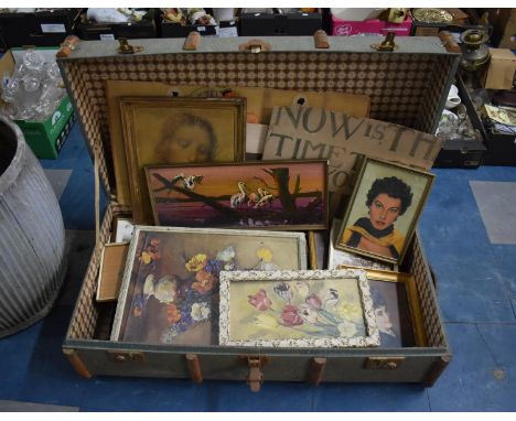 A Vintage Wooden Mounted Travelling Trunk Containing Various Pictures, Prints, Drawings etc 