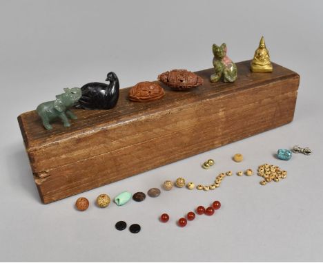 A Chinese Rectangular Box Containing Various Beads, Jade Elephant, Soapstone Cat, Chinese Hediao etc 