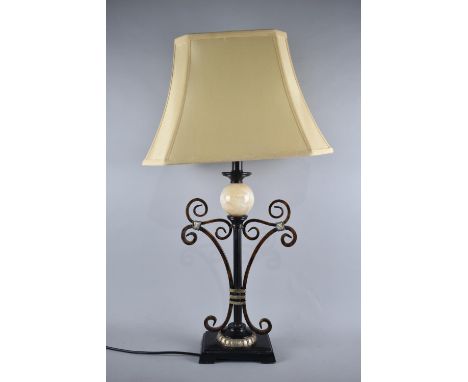 A Modern Scrolled Metal and Polished Stone Table Lamp and Shade, Overall Height 70cm 