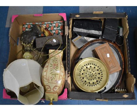 Two Boxes of Various Sundries to Comprise Souvenir Ornaments, Lamp Base, Mirror etc 
