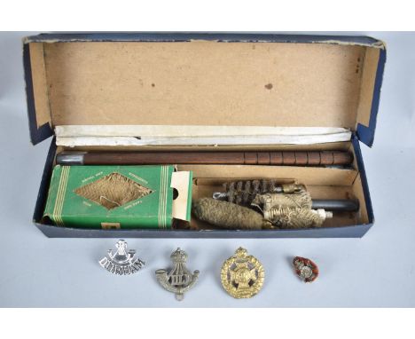 A Vintage Shotgun Cleaning Kit Together with Kings Rifle Sweetheart Brooch, Green Jackets Cap Badge and Durham Light Infantry